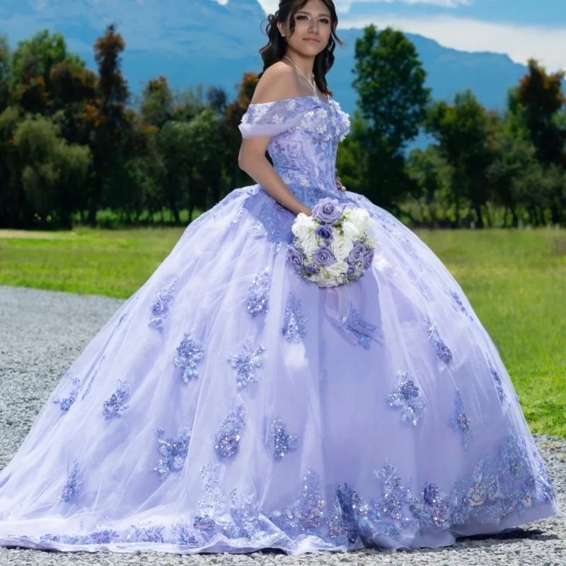 Blue Shiny Ball Gown Quinceanera Dresses Off The Shoulder Sequin Applique Lace Beading Tull Party Birthday Sweet 16 Dress Vestidos 15 Anos