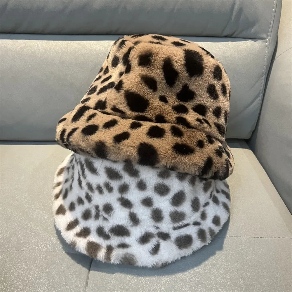 Autumn Winter Panama Hat for Women Faux Fur Bucket Hats Cow Print Plush Velvet Warm Panama Hat Fisherman Hats Vacation Cap 251029