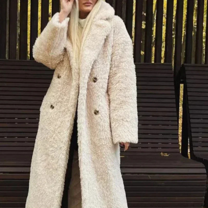 Women Autumn Winter Vintage Wool Blend Long Coat Lapel Chic Long Sleeve Double Breasted Big Jacket Female Street Overcoat 251029