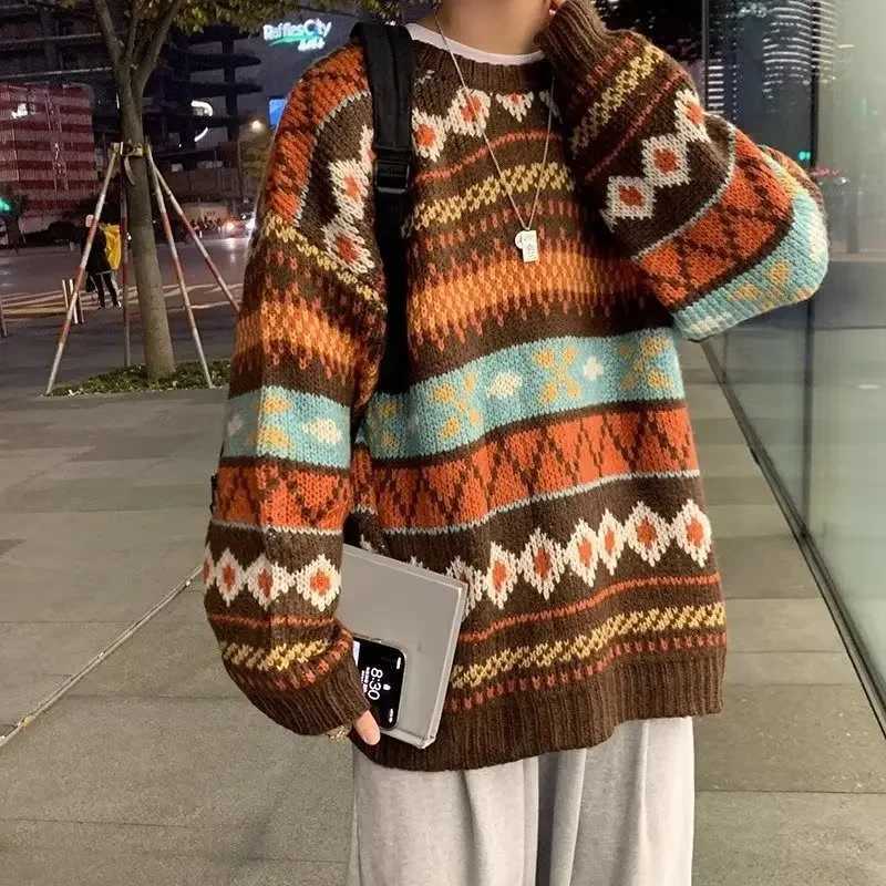 Japanese Vintage Sweater Mens Trendy Ethnic Striped LooseFit Knitted Top Casual Crew Neck Idle Style Couple Model Sweater J251029