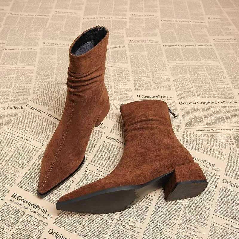New Womens Pointed Toe Ankle Boots High Heels Sexy Chunky Designer Chelsea Boots Elegant Low Heels Short Booties Z251029