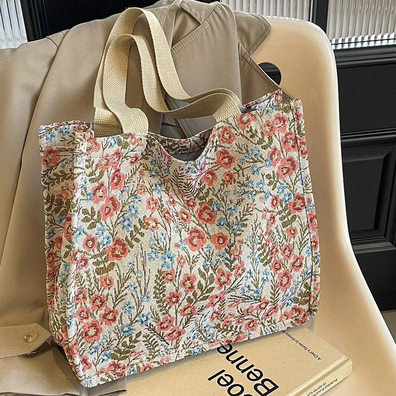 Ladies Shopping Bag Flower Pattern Flax Tote Bag Larger Capacity Outdoor Handbag Casual Lunch Bag Mummy Bag 251029