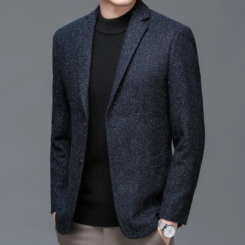 Classical Men Navy Blue Tweed Wool Blazers Sheep Woolen Suit Jackets Gentlemen Fashion Outfits for Business and Casual Wear 251028