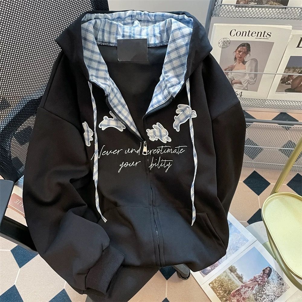 American fashion retro embroidered letter gray hoodie unisex designer couple cardigan cool jacket