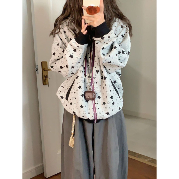 Designer's fashionable gray hooded cardigan women's sportswear autumn loose casual zipper jacket