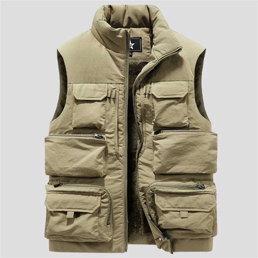 2024 New Mens Cargo Vest Winter Thick Fleece Warm Sleeveless Jacket Solid Color Tactical Coat Men Pockets Work Waistcoat 6XL W251029