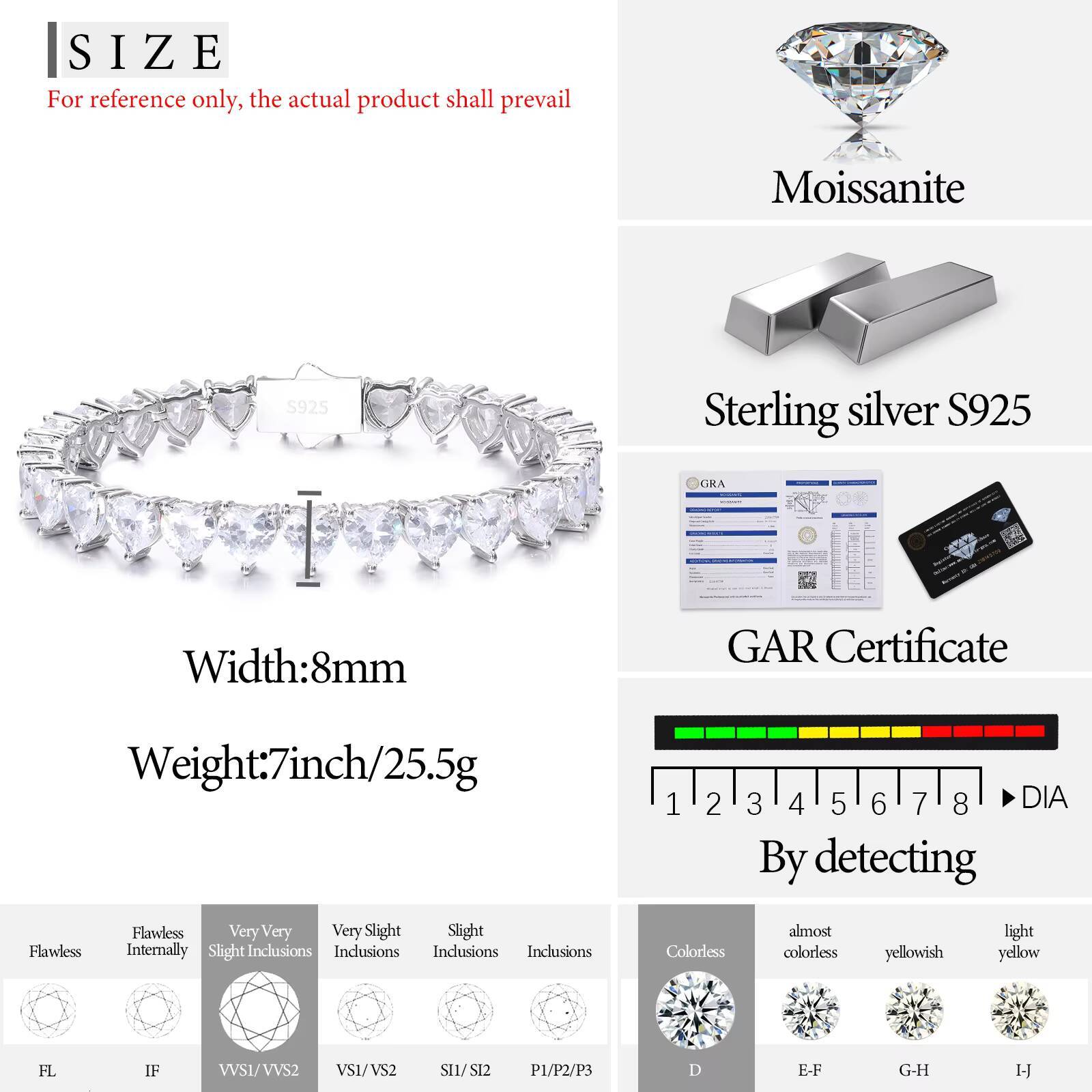 Luxury Valentine Gift Jewelry 925 Sterling Silver 5mm 65mm Vvs Moissanite Diamond Heart Tennis Bracelet for Men Women