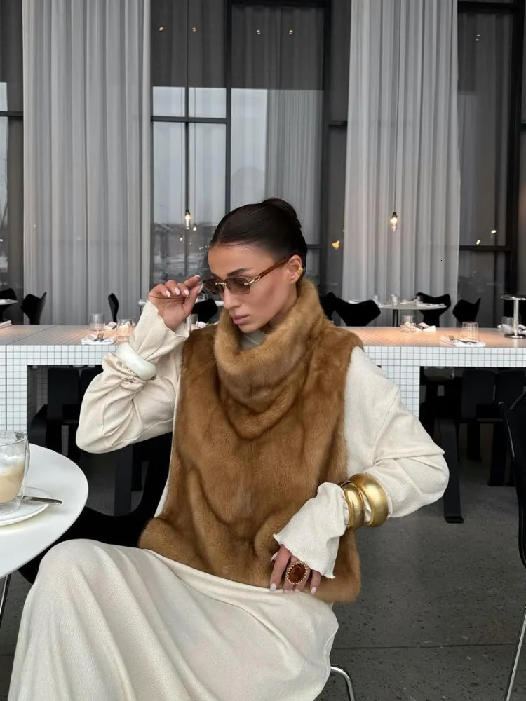 Fashion Womens Faux Fur Vest Sleeveless High Collar Waistcoat Casual Chic Streetwear Outerwear Ladies Fashion Winter 2025 Tops 251029