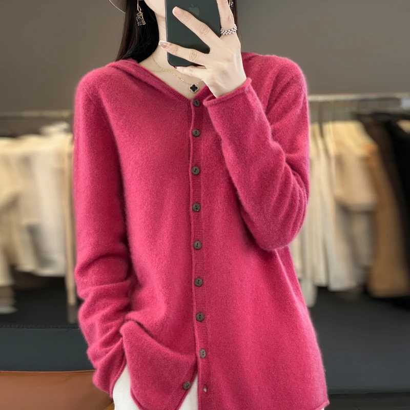 100 pure wool womens cardigan autumn and winter cashmere sweater womens casual knitted hooded top womens jacket fashionT251028