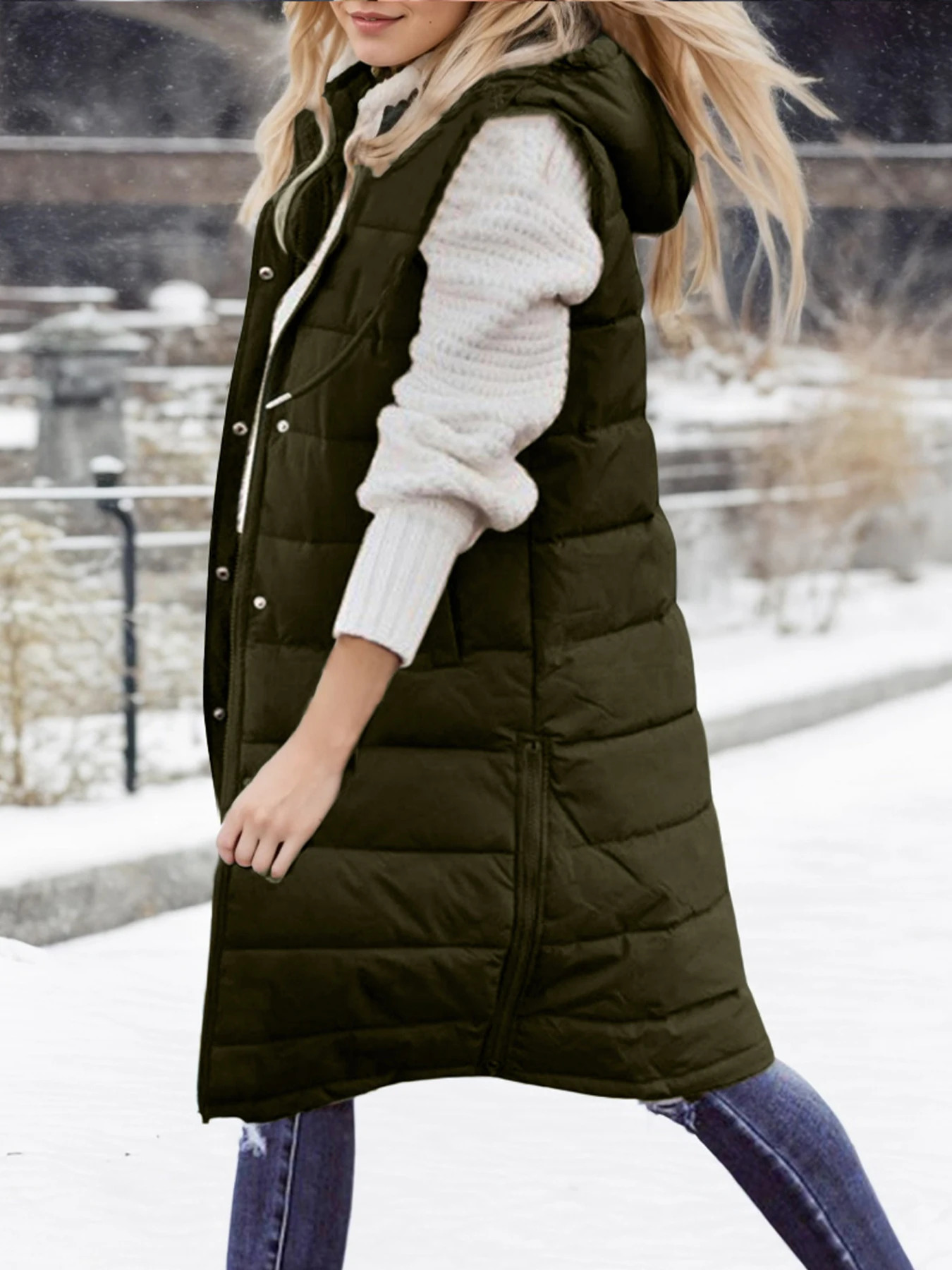 Winter Warmth Puffer Vest Soft Solid Color Sleeveless Hooded Long Vest for Women Cozy Outwear for Cold Weather 251029