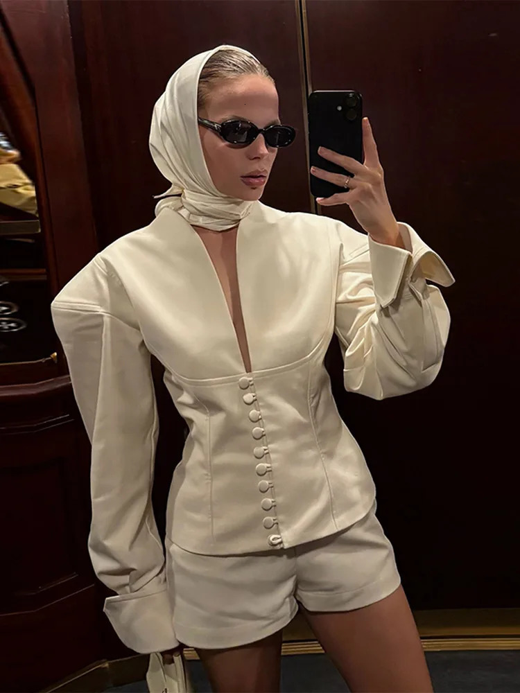 Deep V Neck Silhouette Suit Jacket Coat Shorts Set Loose Shoulder Buckle Waist Cinching Slimming Women Outwear Shirt Top Shorts 251029