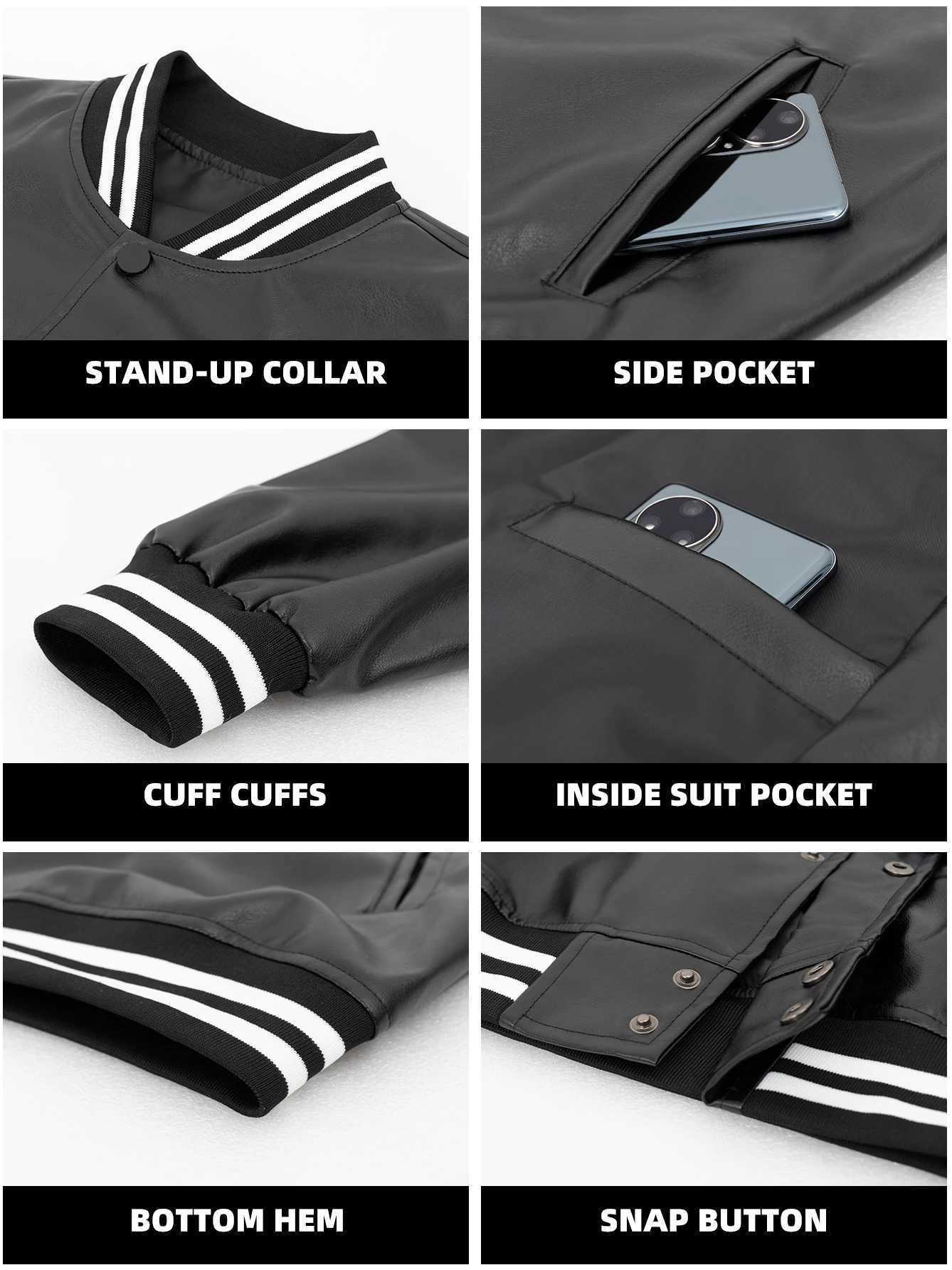 Mens PU Faux Leather Jacket Embroidery SnapButton Baseball Coat Vintage Biker Outerwear StreetwearT251029