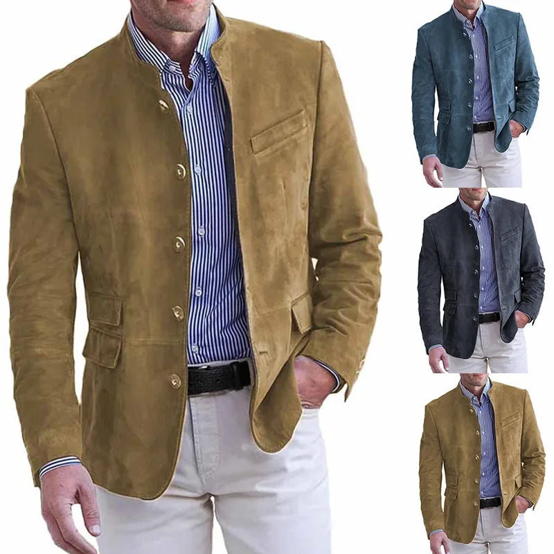 Autumn Winter Mens Casual Suede Blazer Jacket Long Sleeve Solid Color Single Breasted Button Fashion Jackets 251029