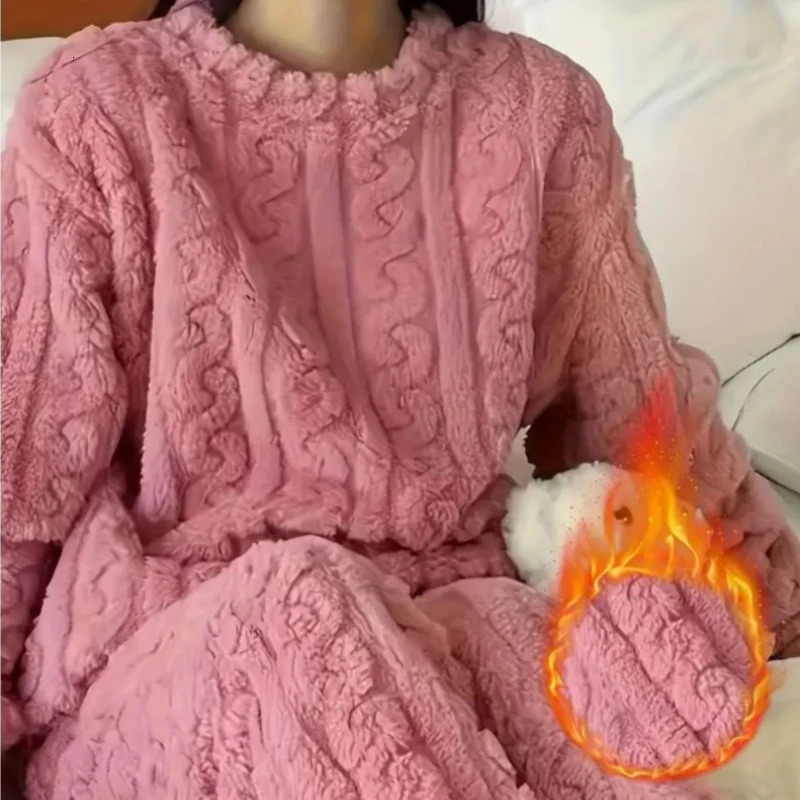 Soft Coral Velvet Jacquard Warm Pajama Set for Women Cozy Loungewear Outerwear for Winter Christmas Back to School Gift 251029