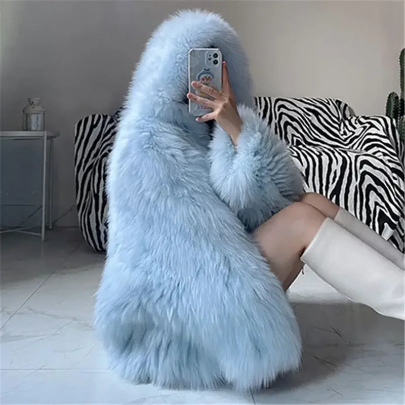 Faux Fur Jackets for Women Autumn Winter Short Bat Full Sleeve Hooded Coats Slim Spliced Thick Coat Loose Open Stitch Jacket 251029
