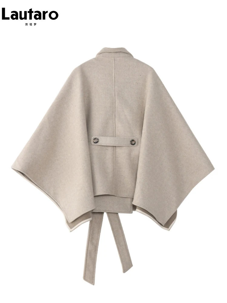 Lautaro Autumn Winter Loose Stylish Short Soft Woolen Capes for Women Tie Waist Vintage Sleeveless Cloak Coat Women 251029