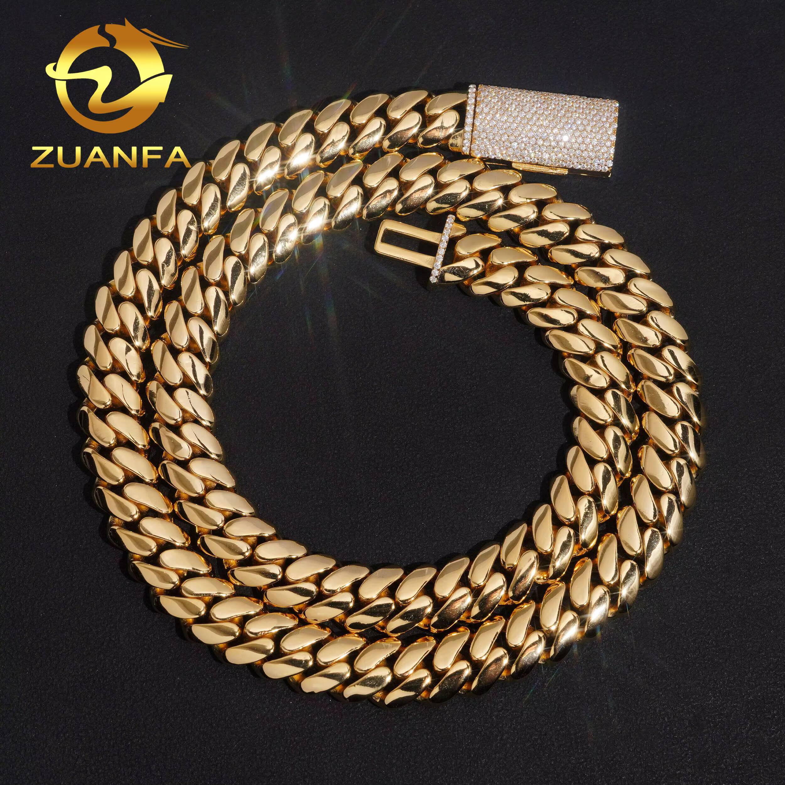 Real Gold Plated 12mm Moissanite Clasp Chain Cuban Links Plain Miami Chain Pass Diamond Tester 925 Cuban Link Chain Necklace
