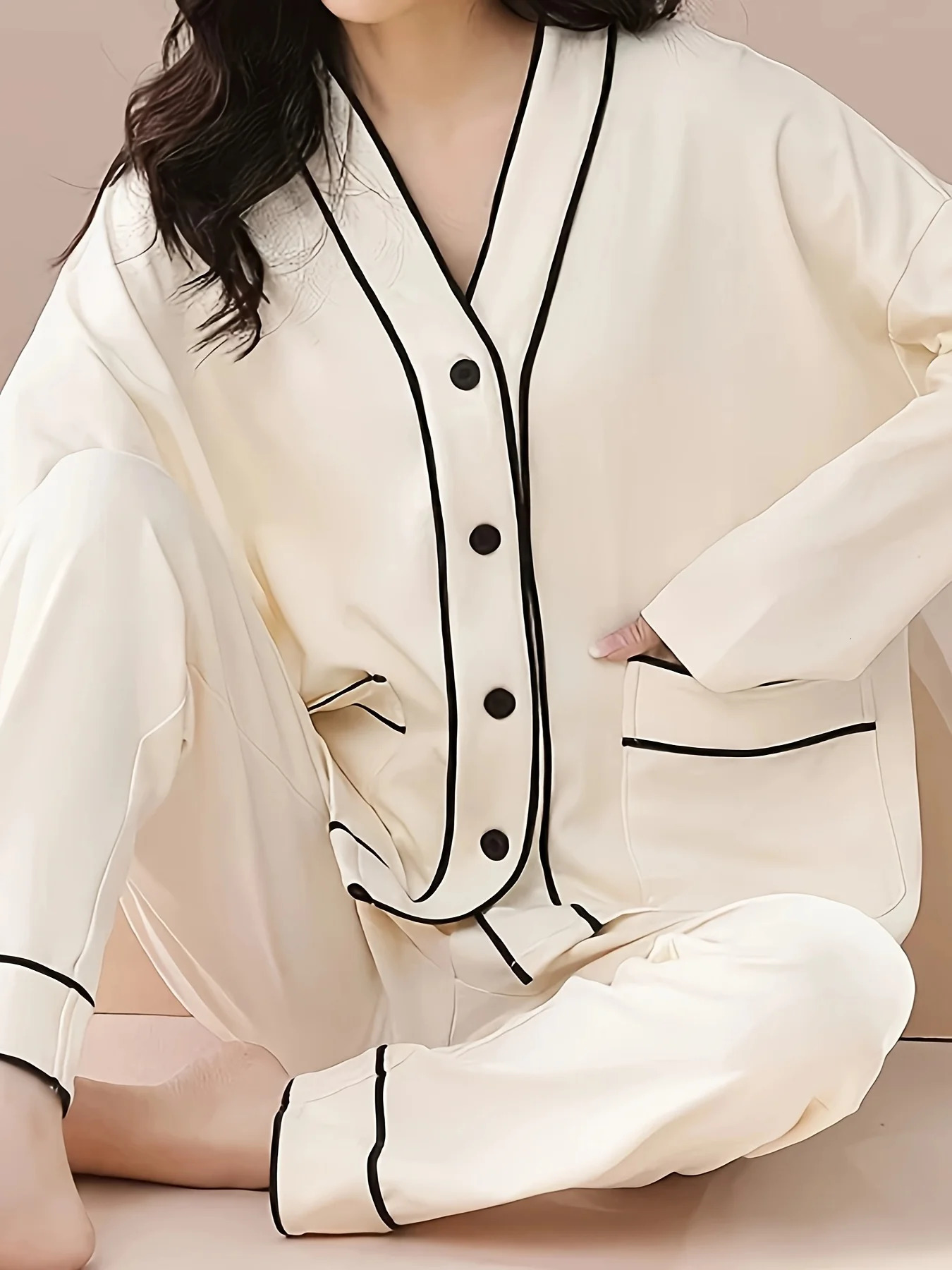 2Piece Womens Pajama Set for Autumn Minimalist ColorBlock VNeck Elegant Cardigan n Premium Loungewear 251029