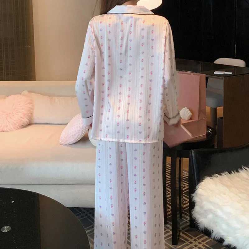 Floral Womens Ice Silk Lightweight Pajama Set Long Sleeve Top with Pants SpringFall Soft Silk HomewearT251029