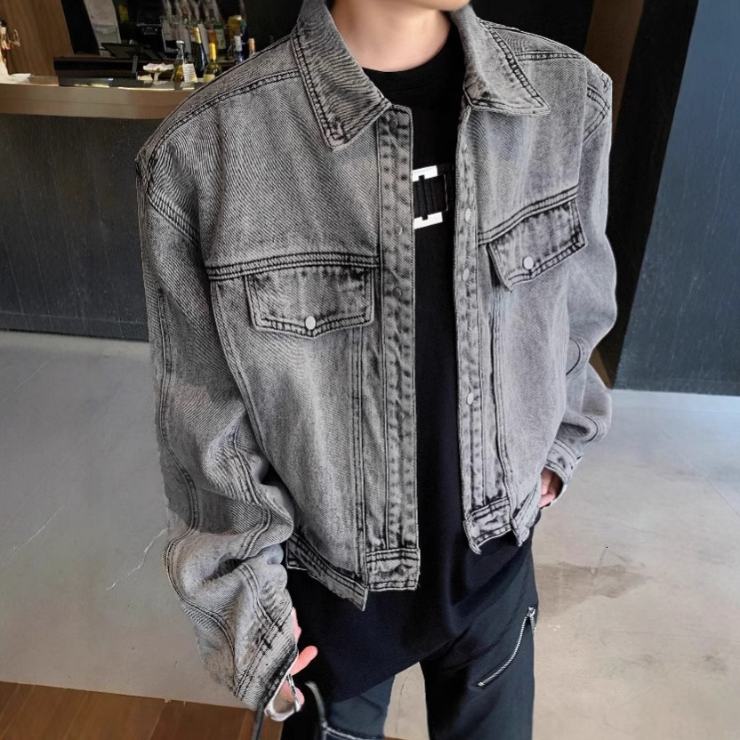 American Style Padded Shoulder Short Motorcycle Jacket Men's Trendy Brand Autumn Vintage Designer Jacket Gray Washed High-end Denim Jacket