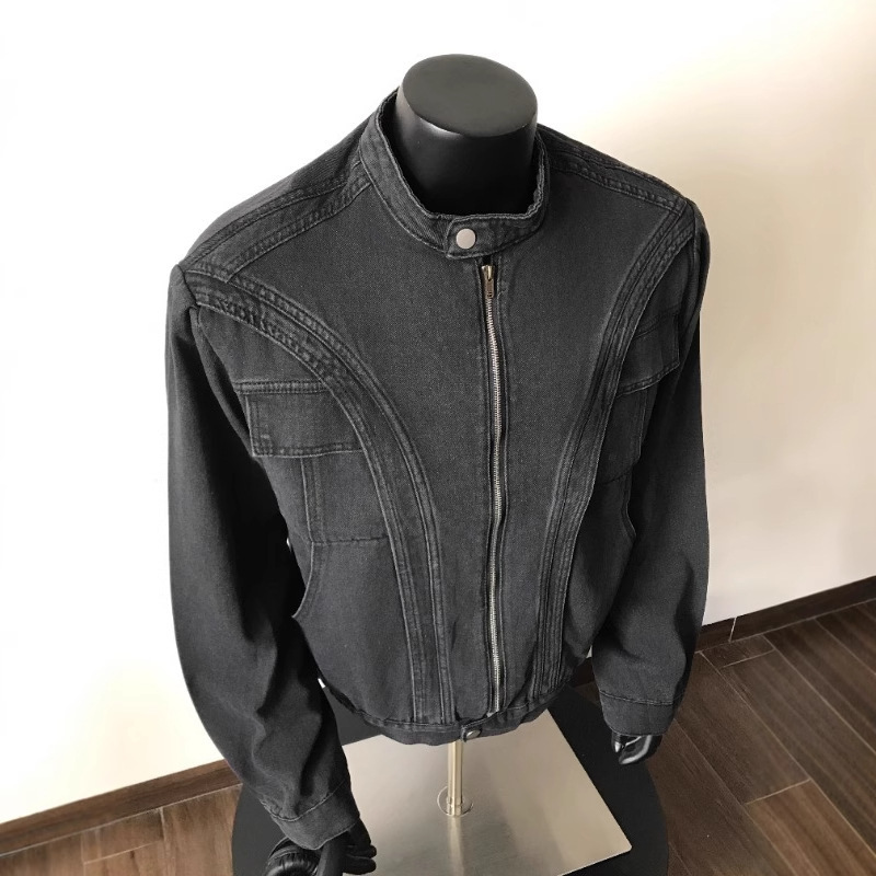 Spring And Autumn Designer Jacket Trendy Brand Deconstructed Heavy Washed Vintage Stand Collar Padded Shoulder Denim Jacket Men's Oversized Zippe
