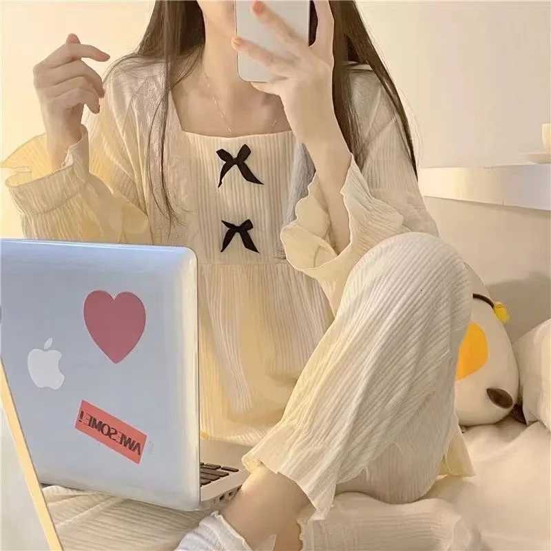Spring and Autumn New Womens Pajamas Homewear Set of Girls Pajamas Spring and Autumn Lace Pit Stripes Student Pajamas HomewearT251029