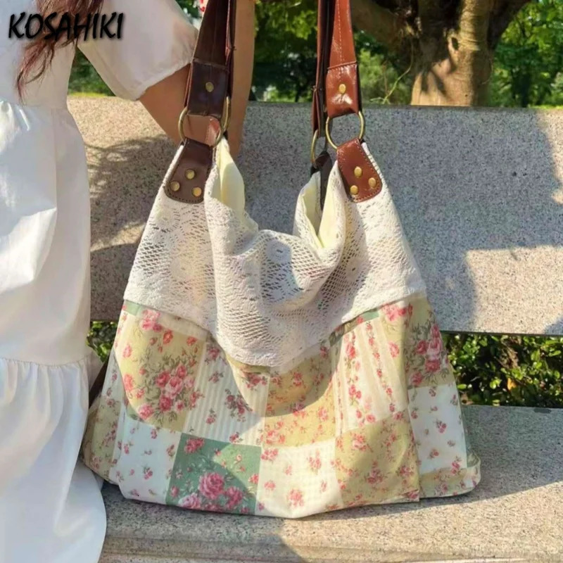 Vintage Contrast Color Patchwork Handbags Women Fairy Floral Print Chic Underarm Bag Casual Shopping Shoulder Bags Y2k Aesthetic 251029