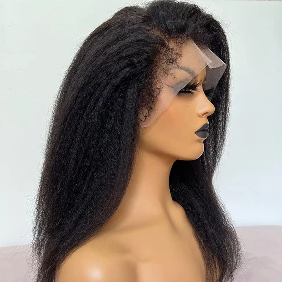 Kinky Straight Human Hair Wigs 4C Kinky Curly Edges 360 HD Lace Frontal Wig Glueless 30 Inch Yaki Straight Lace Front Wig