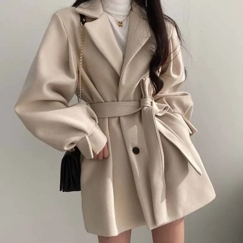 Smvp Button Laceup Woolen Coat For Women Elegant Solid Pocket Short Trench Jacket Autumn Winter Warm High Street Outwear 251029