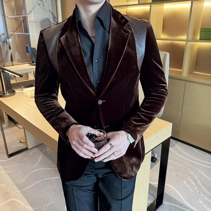 Autumn Winter Men Mercerized Velvet Slim Fit Suit Coats Fashion Leather Splicing Casual Business Formal Party Tailcoat 4XLM 251028