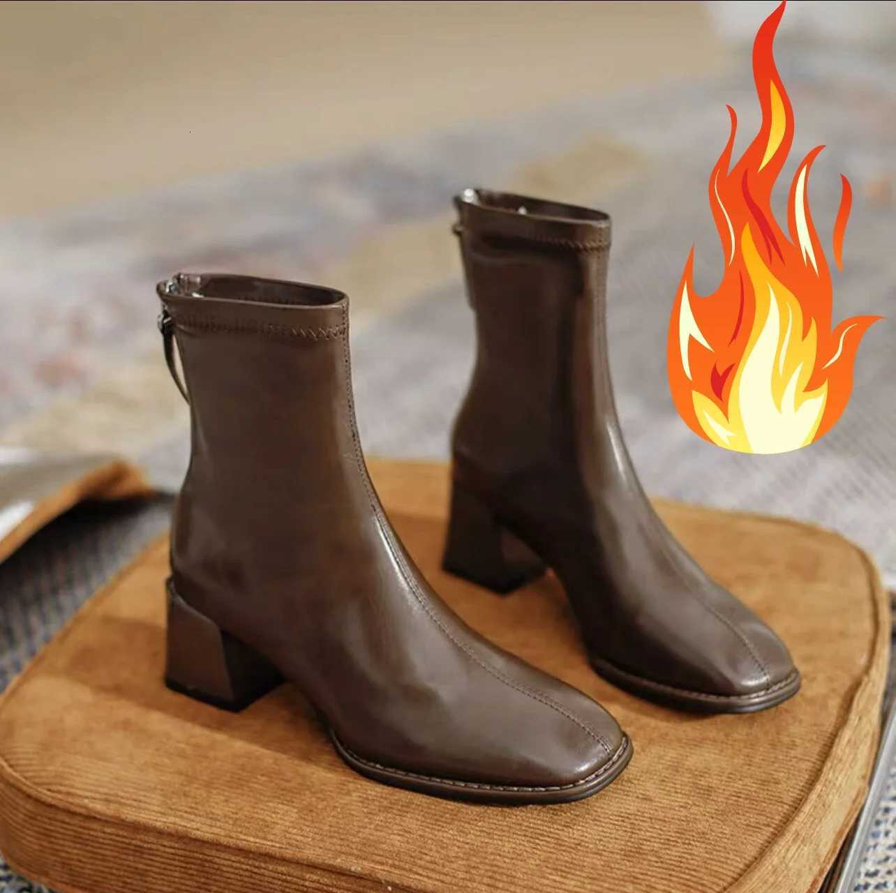 Square toe women ankle boots flock stretch shoes thin mid heels blackbrownbeige back zipper dress sock boots woman size 3440 Z251029