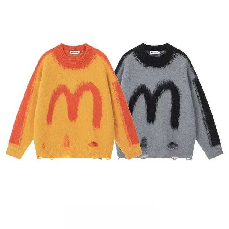 Beianji men sweater M niche design sense orange knitted sweater men and women American retro casual ripped couple longsleeve top J251029