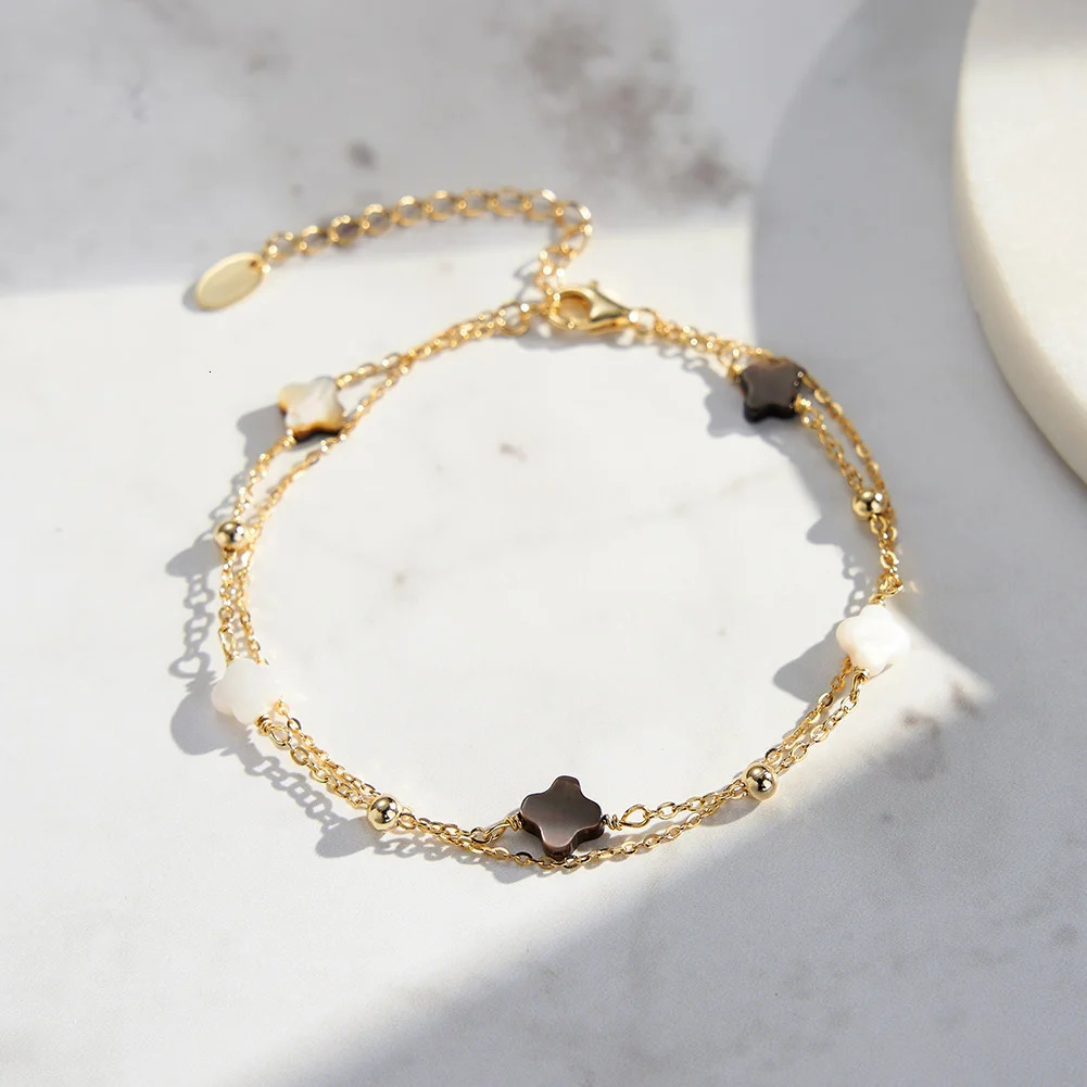 Kiss Mandy Double Layered Clover Hand Bracelets 925 Silver Four Leaf Flower Charm Bracelet Chain Female Wedding Party GMB66 251024