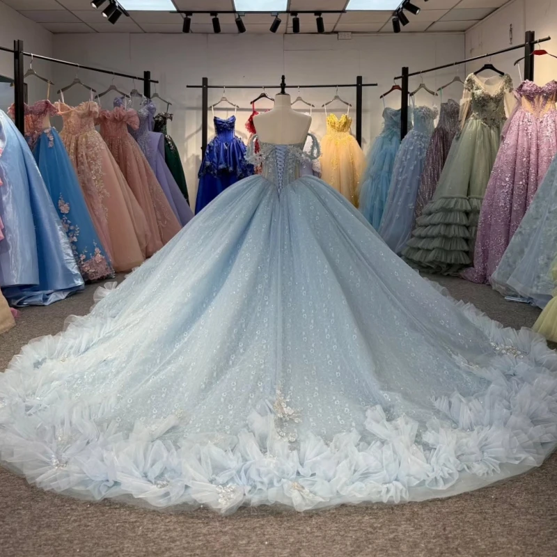 Light Blue Ball Gown Quinceanera Dresses Off The Shoulder Sequin Applique Lace Beading Tiered Tull Party Birthday Sweet 16 Dress Vestidos 15 anos