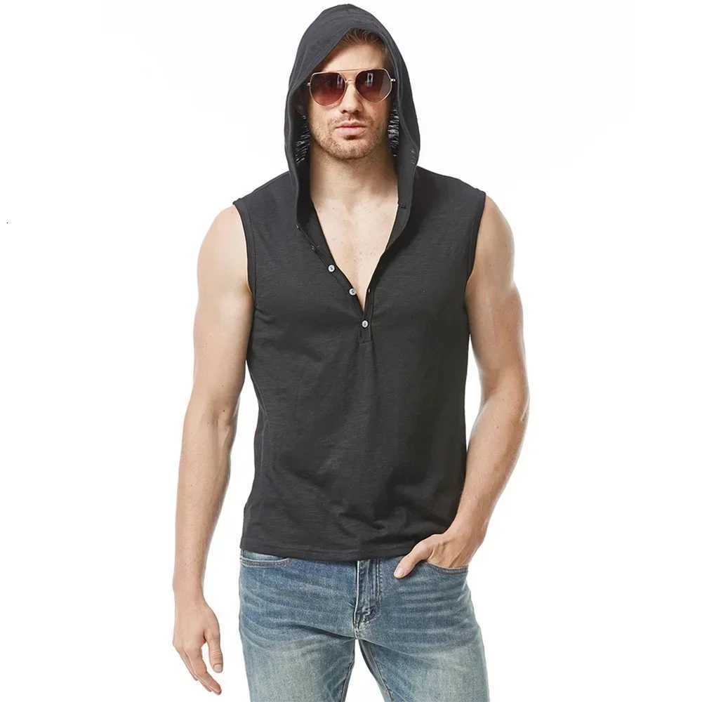 Men Cotton Hooded Tank Solid Color Half Button Sleeveless Tshirt Solid Color Breathable Lightweight Fashion Casual Vest W251029