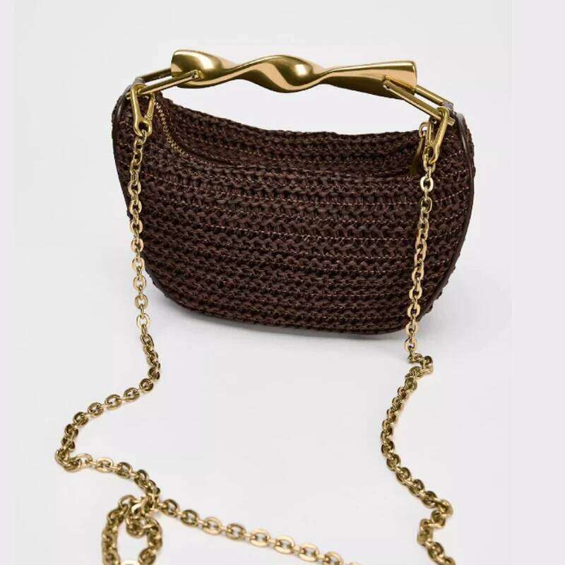 New Rattan Half-Moon Beach Shoulder Bags Women's Bucket Purse Woven Straw Handbags Casual Tote Crossbody Bag