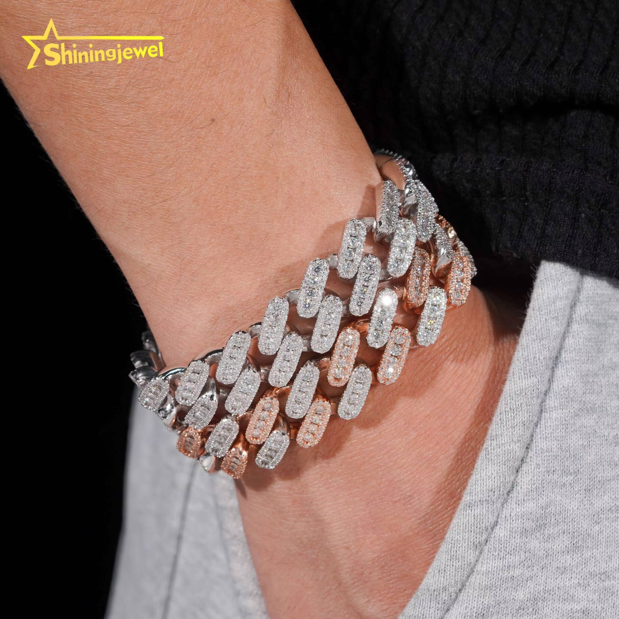 Luxury 15mm Moissanite Cuban Bracelet 2 Tone for Men Women 925 Silver Anniversary Gift Elegant Birthday Present in Velvet Box