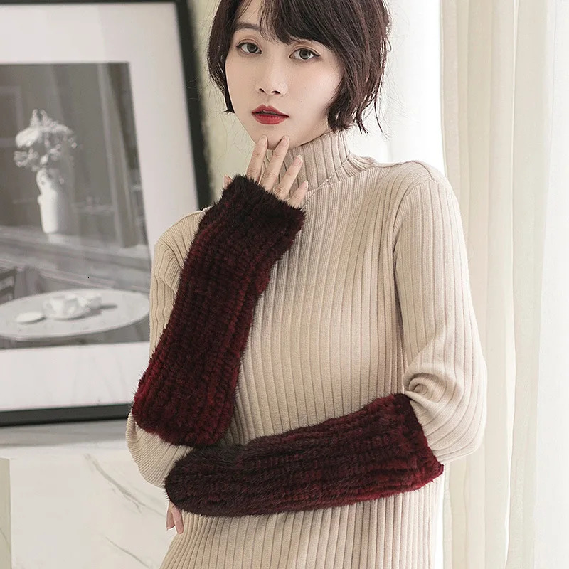BF Genuine Mink Fur Long Gloves for Women Arm Sleeves Keep Warm Knitted High Elastic Half Finger Elbow Autumn Winter 251029