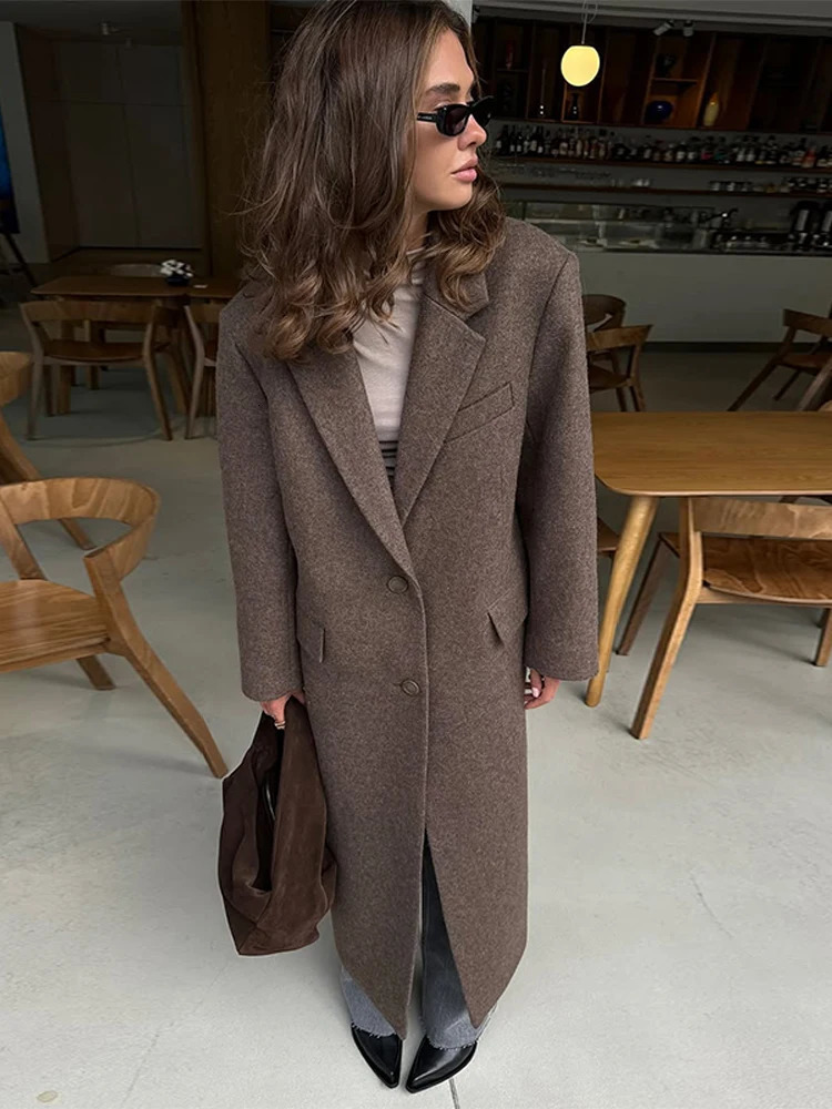 Elegant Womens Brown Wool Blend Overcoats Chic Shoulder Pads Singlebreasted Long Sleeve Coats Autumn Outerwears 251021