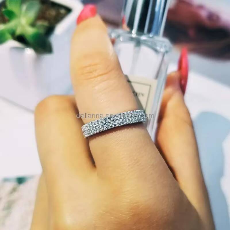 Simply Elegant 3 Ctw Three Row Cluster Moissanite Gemstones Sparkling Ice Brilliant Round Cut Full Eternity Wedding Silver Ring