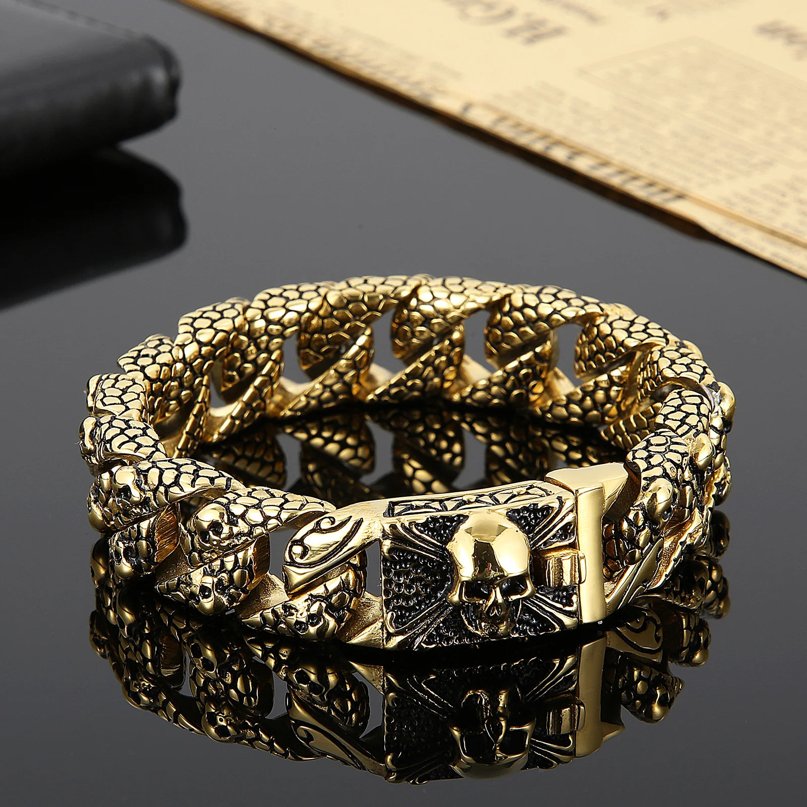 Fongten Gothic Mens Bracelets Stainless Steel Skull Franco Curb Chain Bracelet For Men Multiple Color Skeleton Armband Jewelry 251028