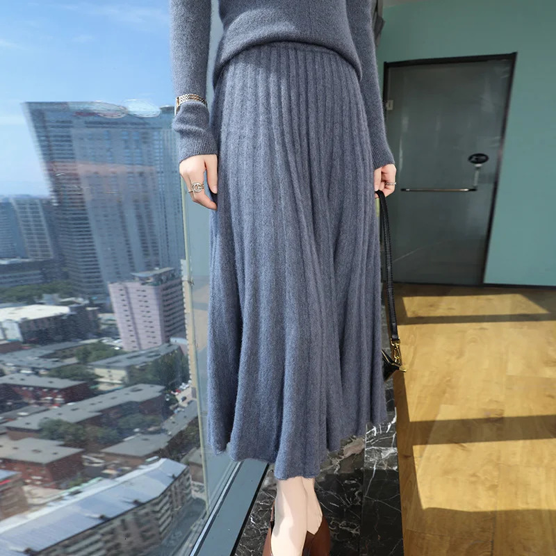 Autumn And Winter Fashion Mink Cashmere Mid Length High Waist Skirt For Women Knitted Umbrella Skirt Fashionable Pleated Skirt 251028