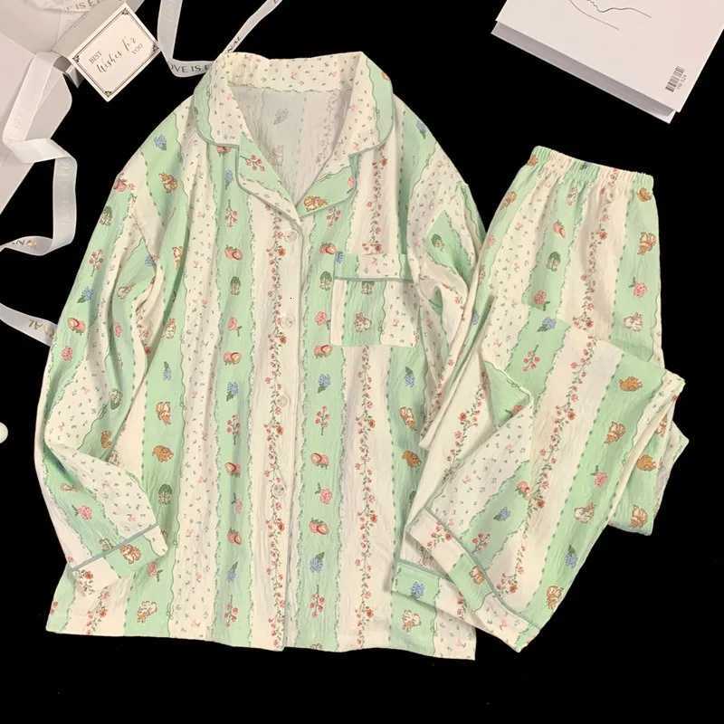 Four Seasons Women Pajamas Cloud Cotton Floral Stripe Long Sleeve Trousers Print Cardigan Student Nightwear Girl SleepwearT251029