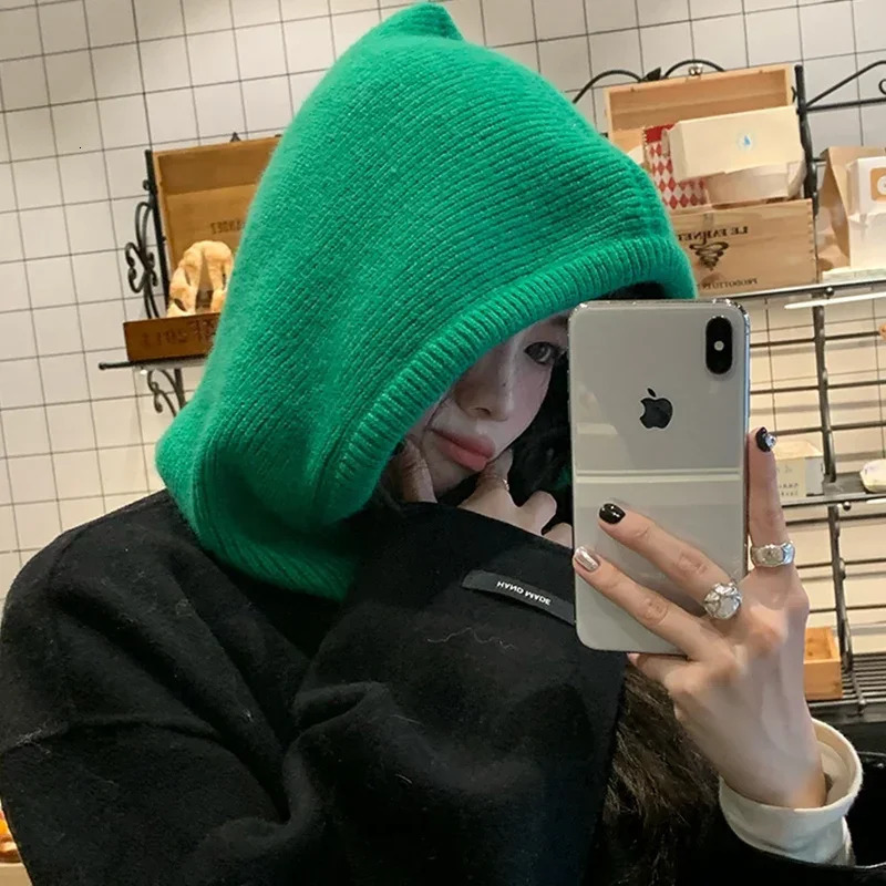 Knitted Hooded Caps Winter Balaclava Hats Women Korean Style Outdoor Warmer Drawstring Onepiece Neck Collar Beanies Cap 251013