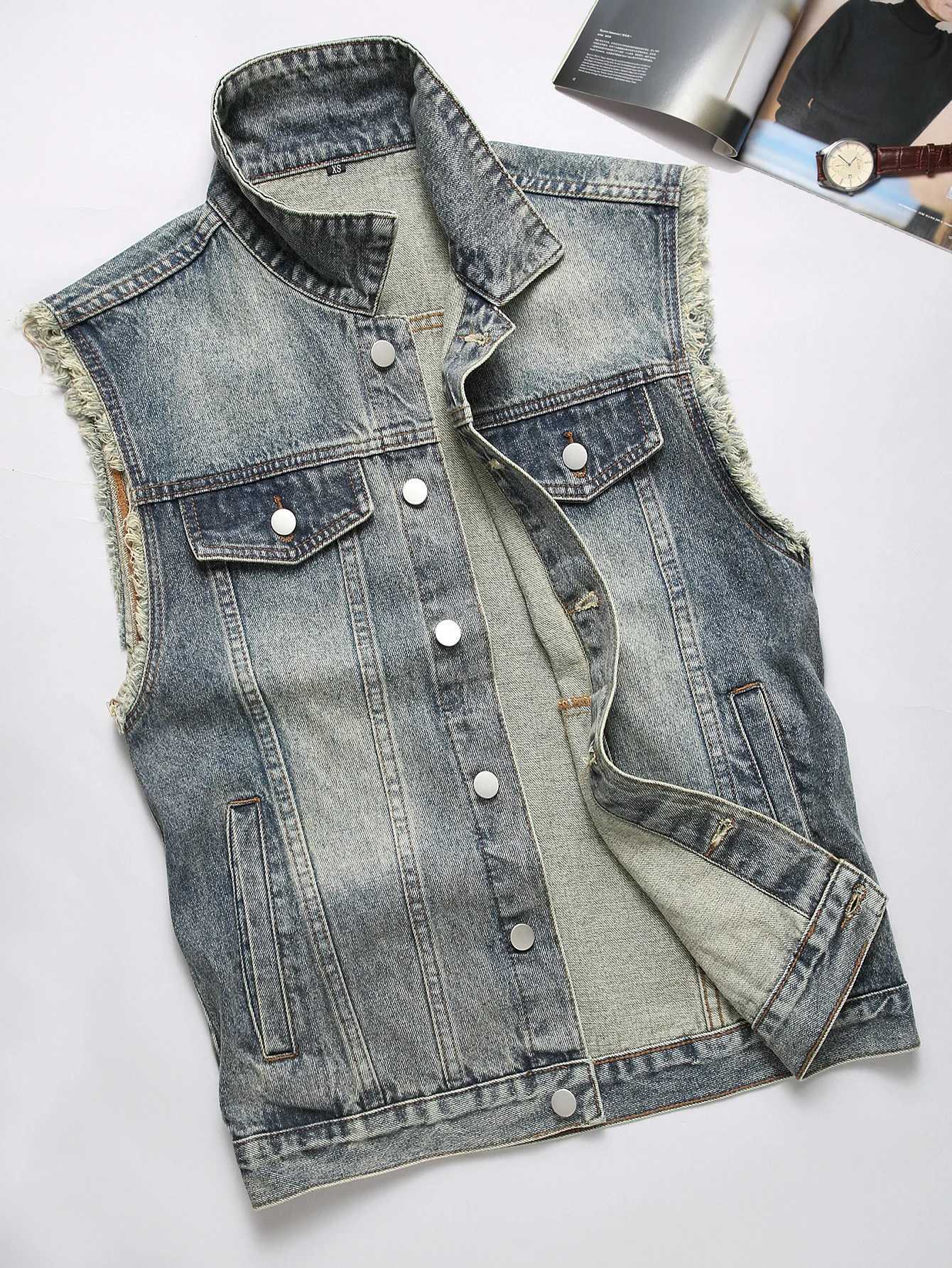 Mens SpringAutumn Denim Sleeveless Vest Fringed details Casual and trendy W251029