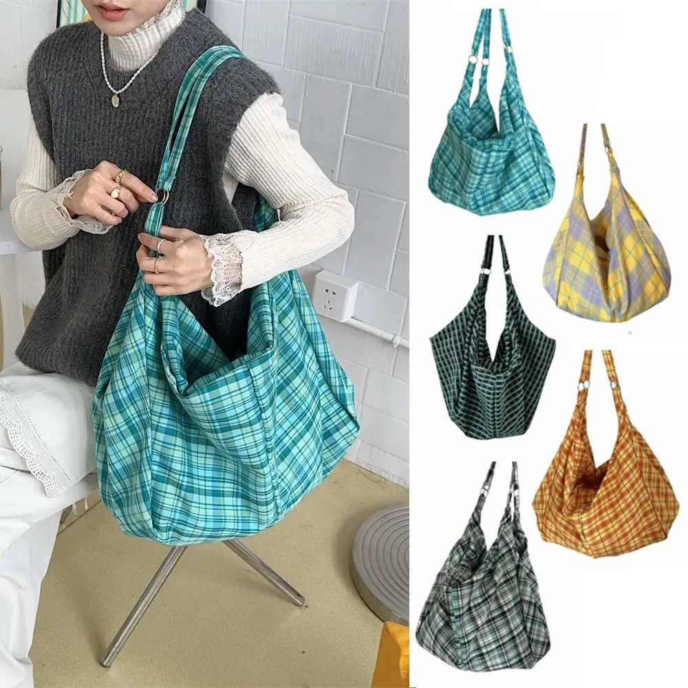 Retro Plaid Tote Bag Plaid Shoulder Bags Canvas Underarm Bag Large Capacity NonAdjustable Strap Singleshoulder Bag Commuting 251029