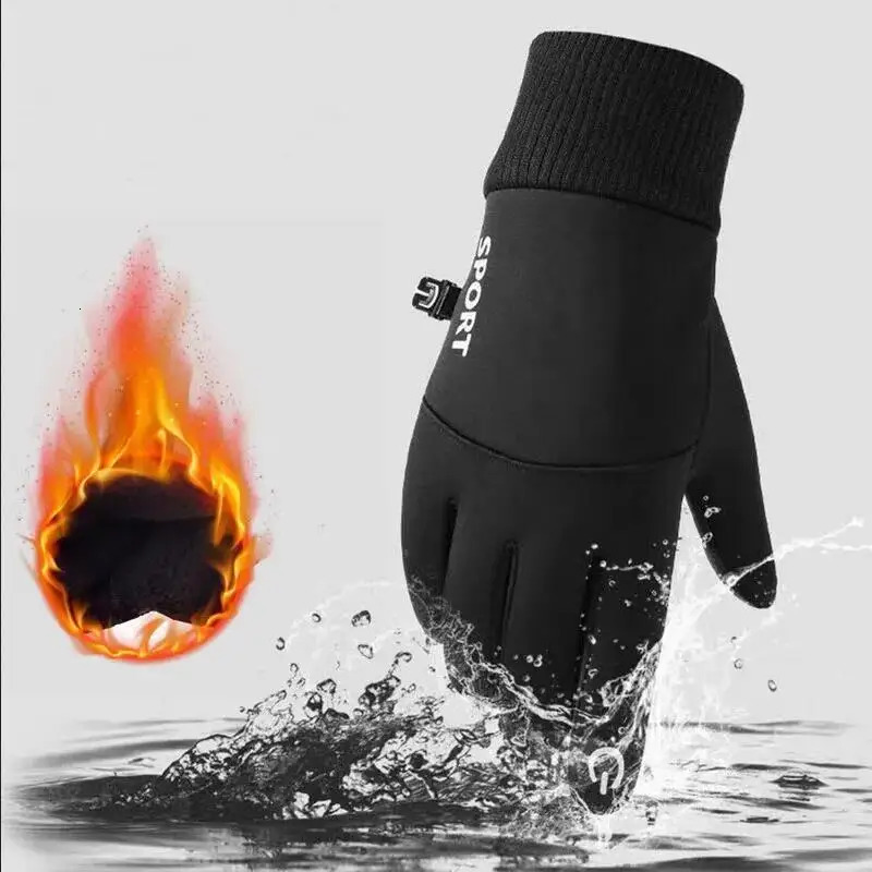 Black Winter Warm Full Fingers Waterproof Cycling Outdoor Sports Running Motorcycle Ski Touch Screen Fleece Gloves 251013