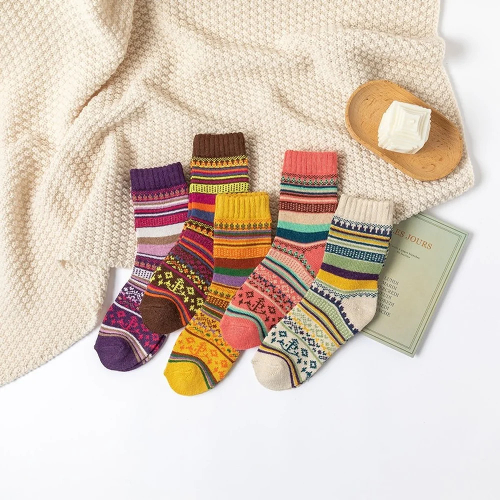 5 Pairs Autumn and Winter Cute Colorful Striped Women Warm Rabbit Wool Socks 251029