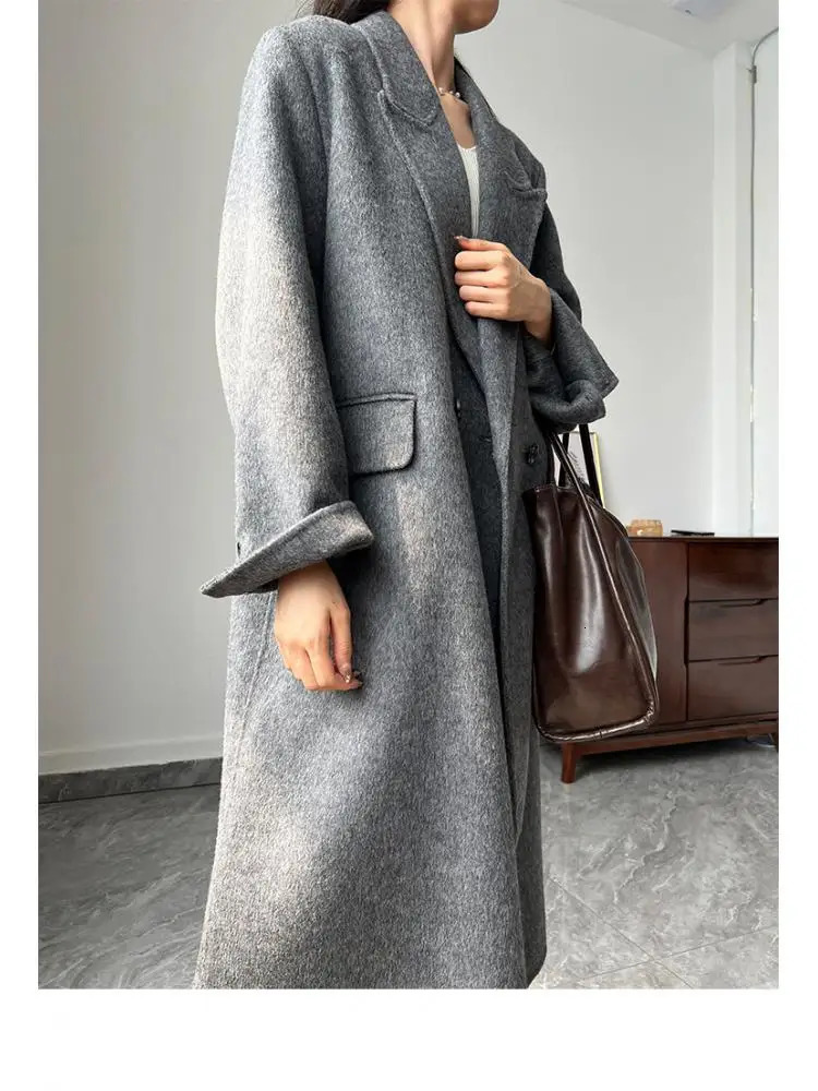 Office Lady Woolen Jackets Autumn And Winter Suit Collar Double Breasted loose Long Womens 100 Wool Coats 251028