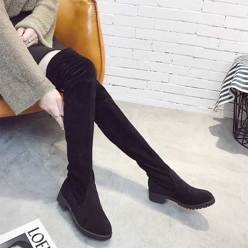 Autumn Faux Suede Women Heels Zipper Elastic Knee High Boots Women Tube Laceup Thigh Gigh Boots Black Botas Mujer Female Z251029